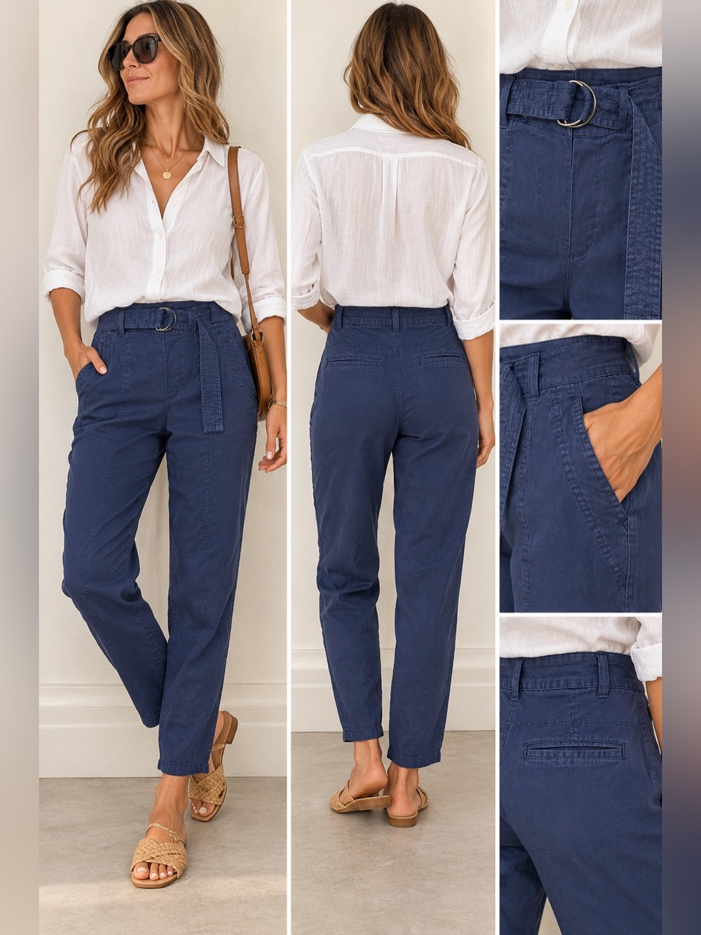 Vince Belted Linen-Blend Ankle Pants Blue Size 6